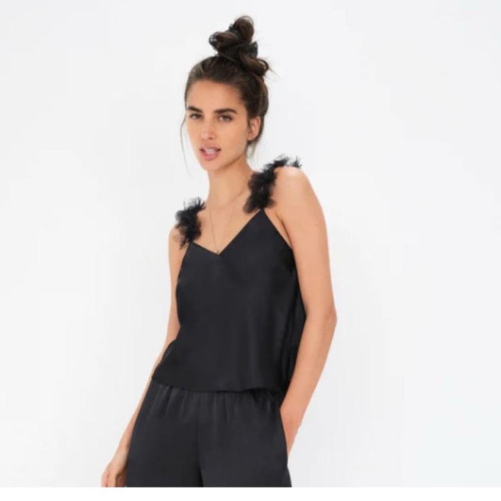 For Love & Lemons Womens Floral Trim Pajama Top V Neck Cami Satin Black Large